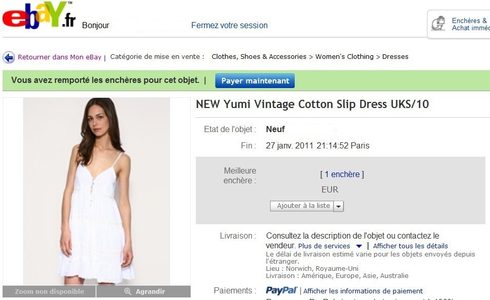Enchère Bid eBay Yumi Slip Dress