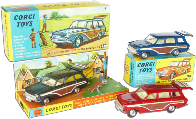 Ford Consul Cortina Super Estate Corgi x 3 avec boites dÃ©tourÃ©