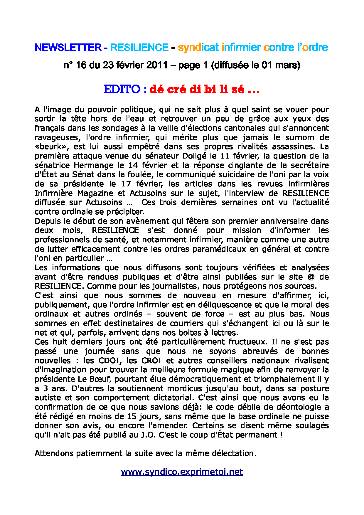 newsletter RESILIENCE du 23 fÃ©vrier 2011 1