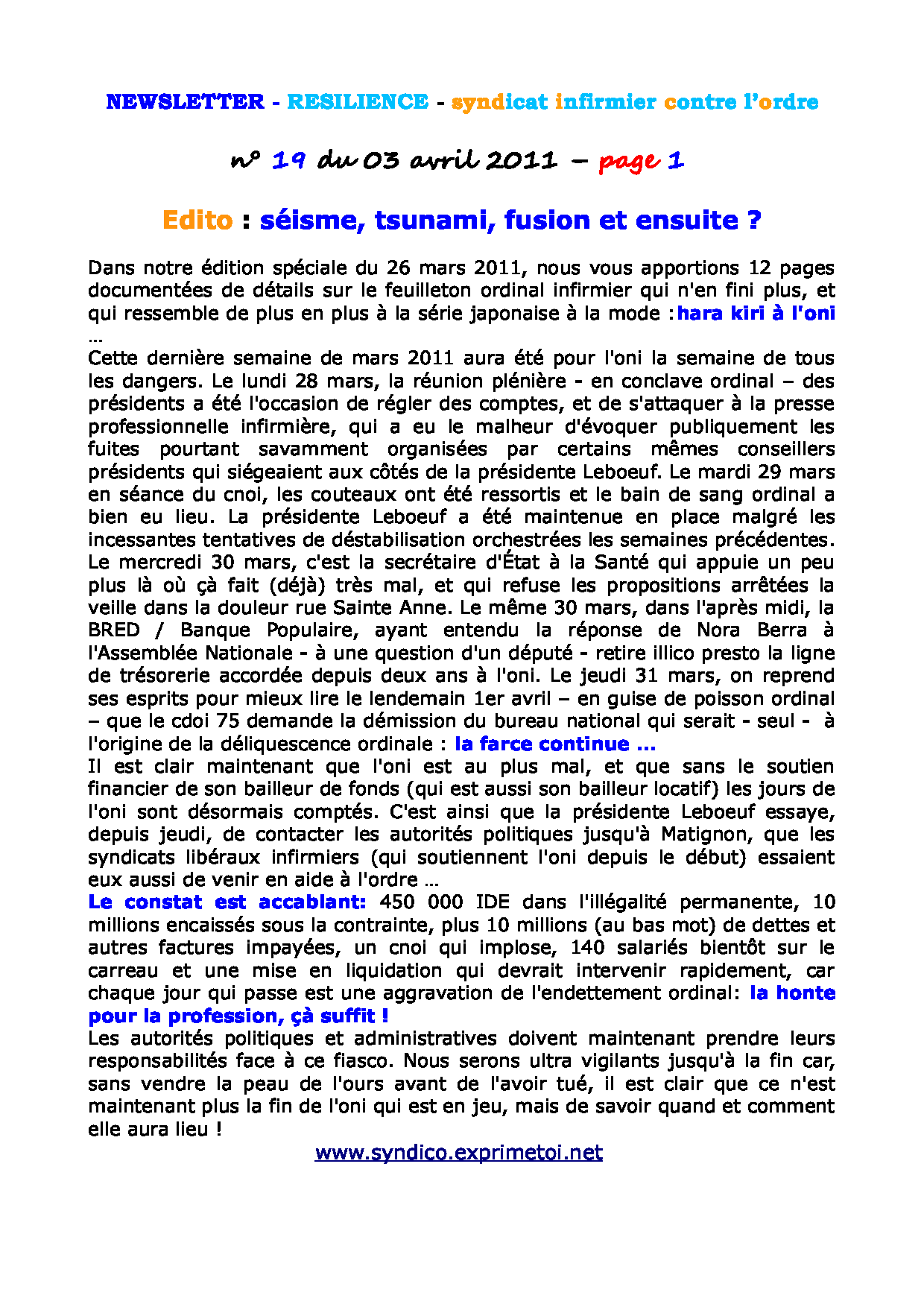 Newsletter RESILIENCE n°19 du 03 avril 2011 1104030214161139707930309