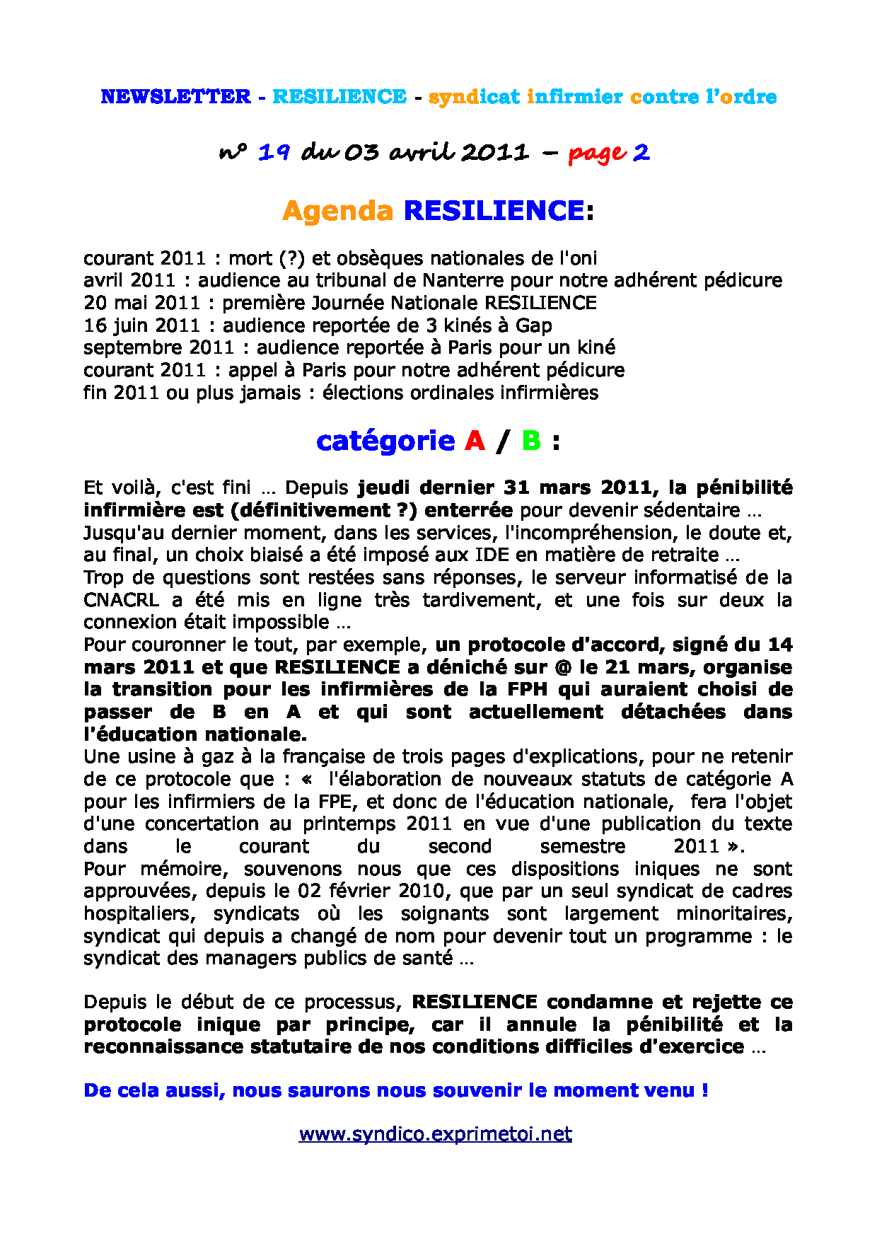 Newsletter RESILIENCE n°19 du 03 avril 2011 1104030214161139707930310