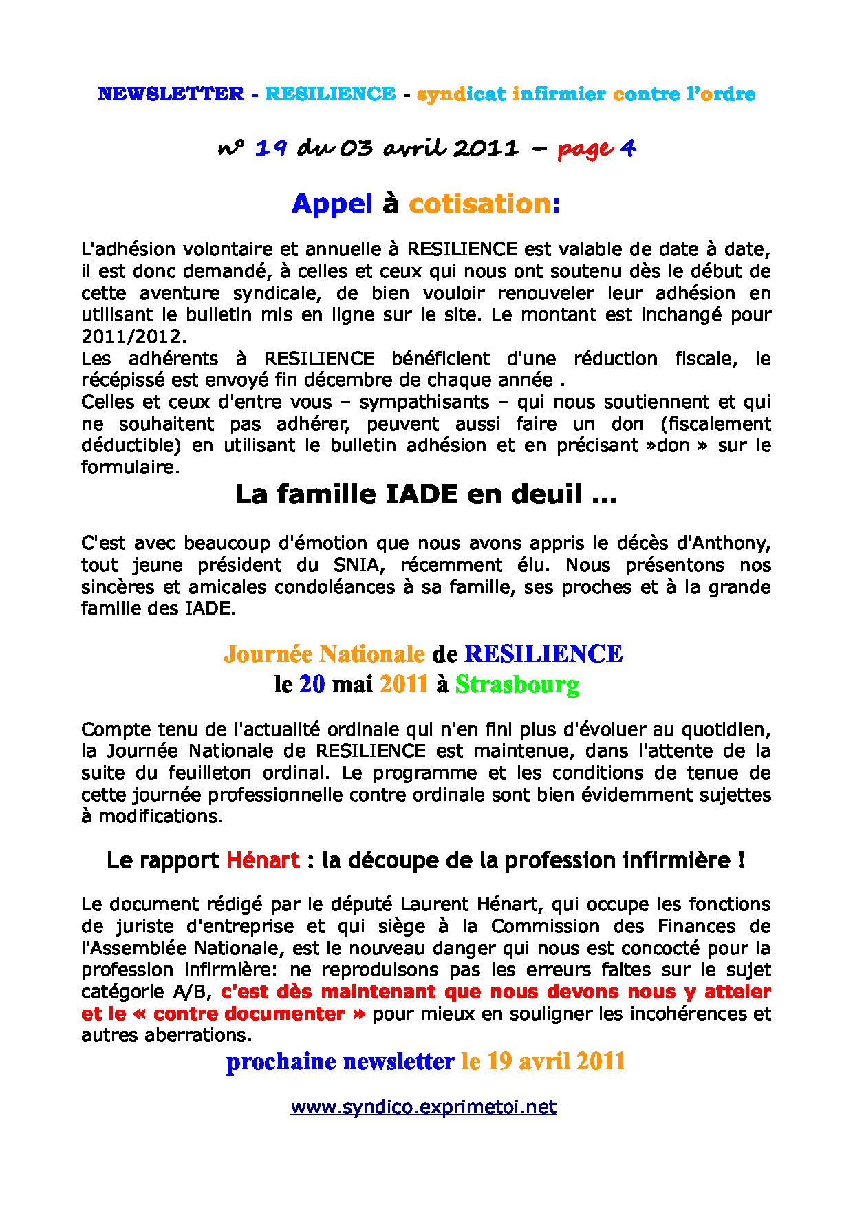 Newsletter RESILIENCE n°19 du 03 avril 2011 1104030214171139707930312