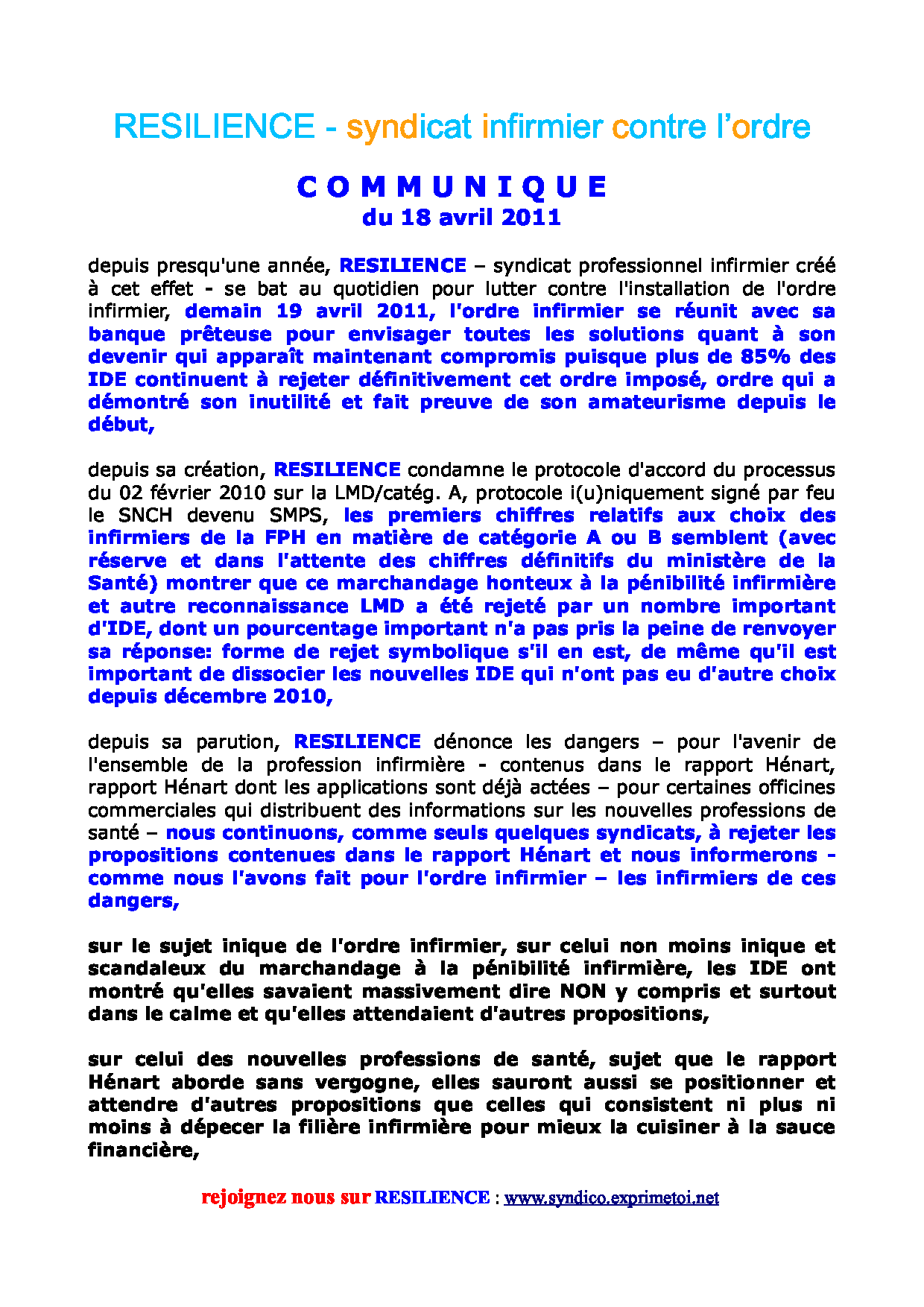 communiquÃ© 18 avril 2011