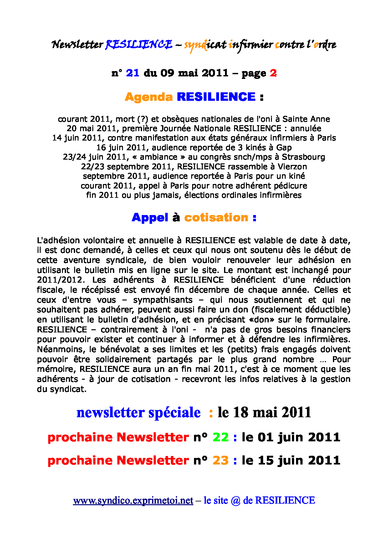 Newsletter RESILIENCE n° 21 du 09 mai 2011 1105130112351139708149918