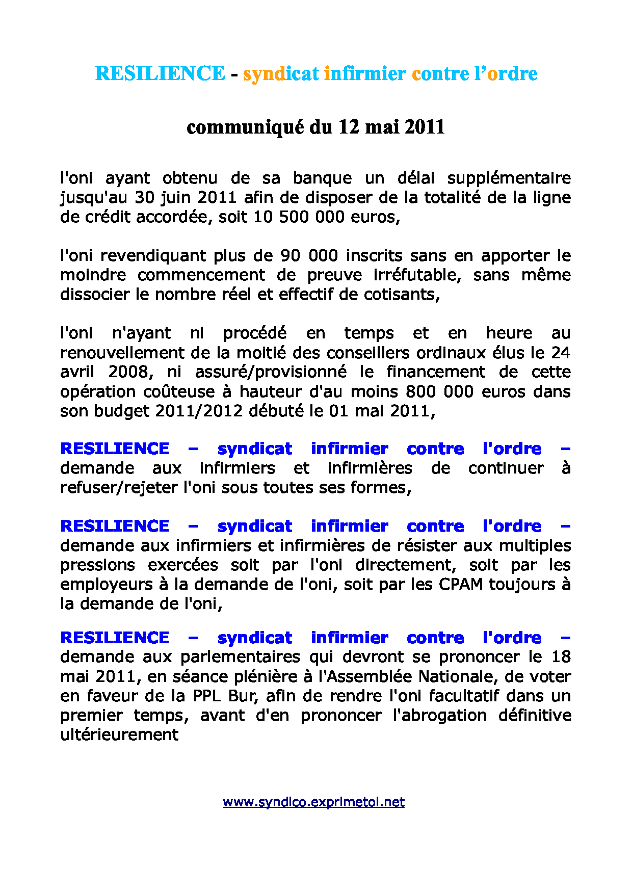 Communiqué RESILIENCE du 12 mai 2011 1105131248031139708148665