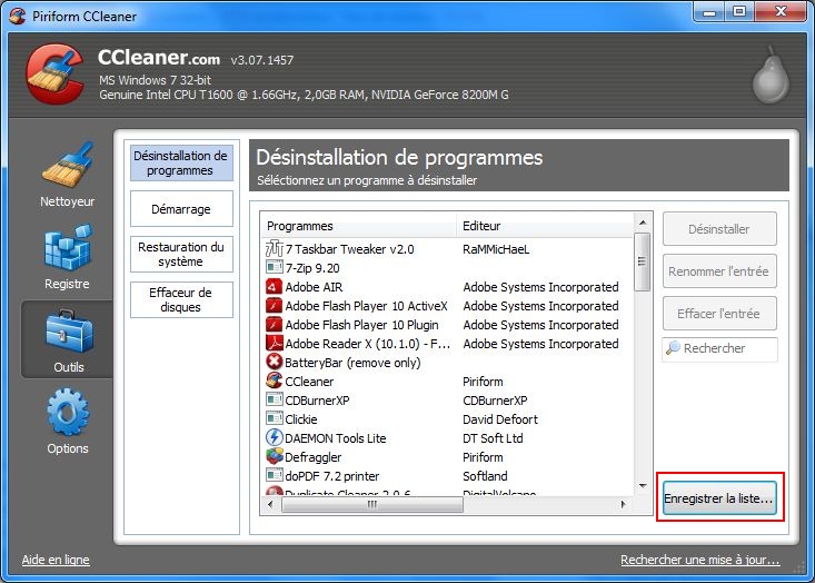 Liste programmes Ccleaner