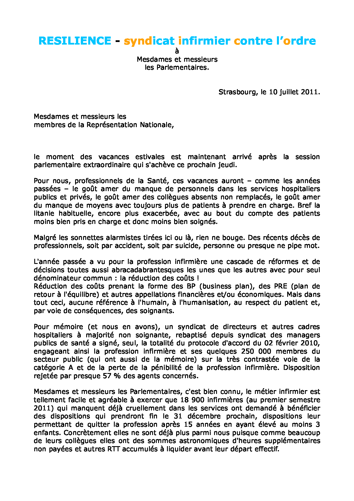 Lettre aux parlementaires du 10 juillet 2011 1107100327521139708450439