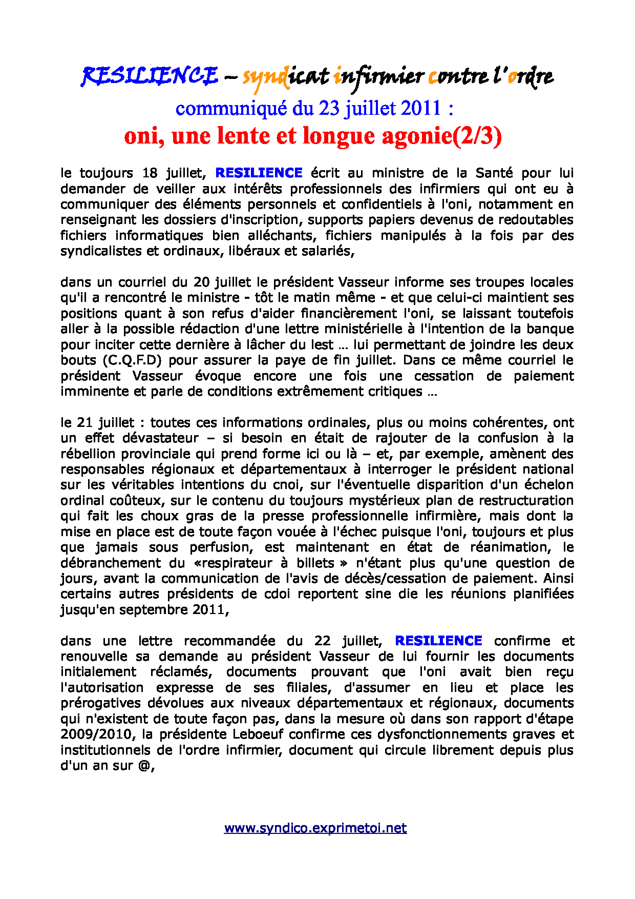 communiqué RESILIENCE du 23 juillet 2011 - ordre infirmier : une lente et longue agonie ... 1107230238211139708505152