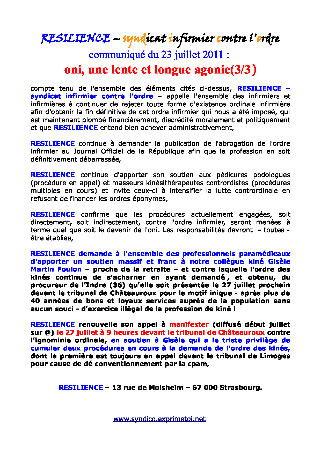 communiqué RESILIENCE du 23 juillet 2011 - ordre infirmier : une lente et longue agonie ... 1107230238211139708505153