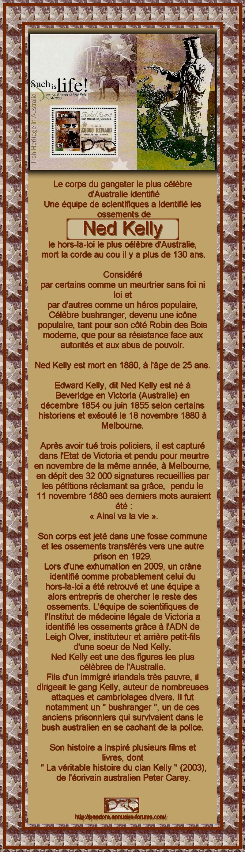 NED KELLY - ROBIN DES BOIS AUSTRALIEN SENTENCE  PENDAISON ET FOSSE COMMUNE - 1854 A 1880 1109010950451369128677679