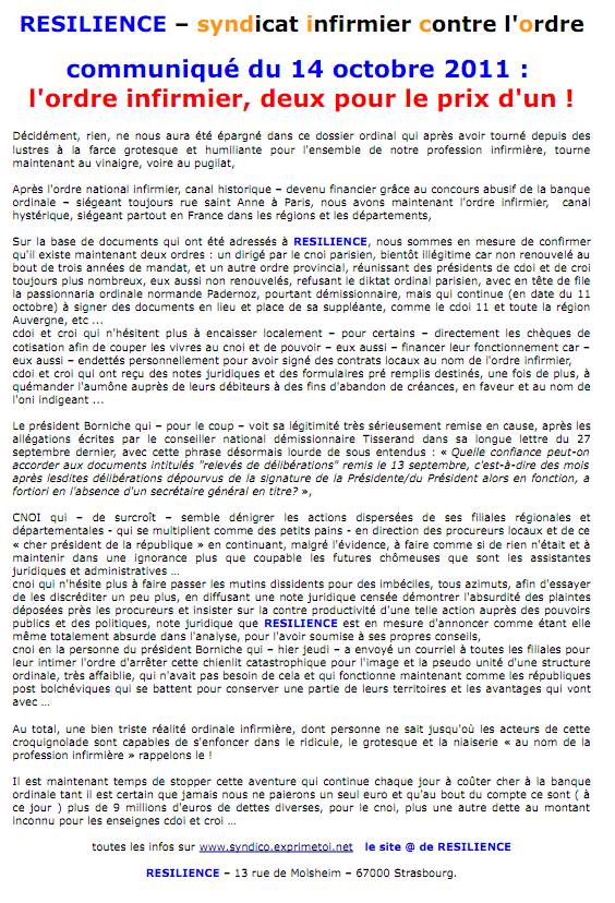 Communiqué RESILIENCE du 14 octobre 2011 l'ordre infirmier, deux pour le prix d'un ! 1110140204501139708898898