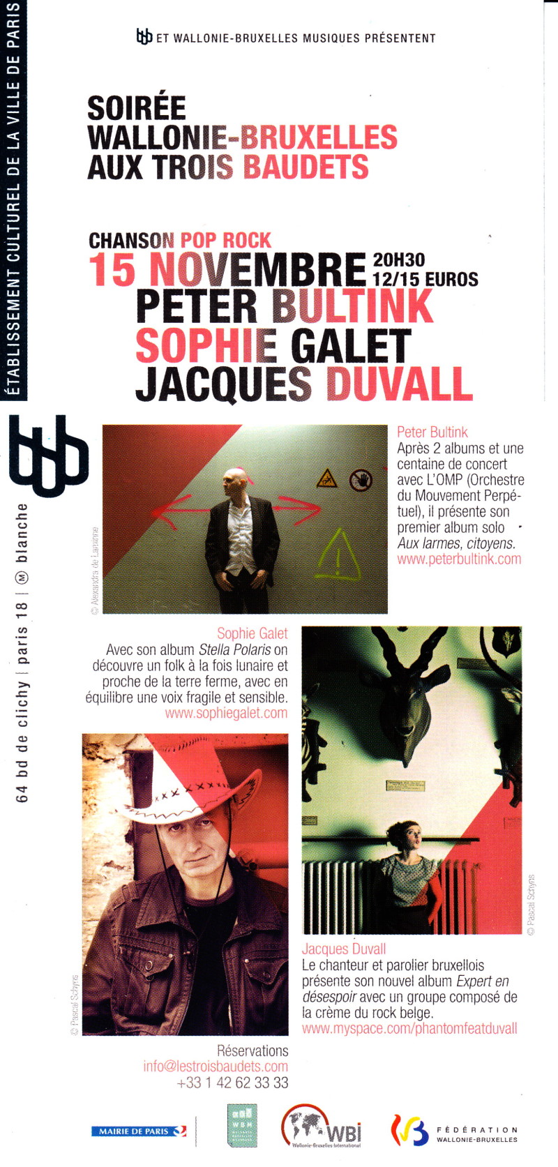 MARIE FRANCE + BENJAMIN SCHOOS & LES EXPERTS EN DESESPOIR interprètent les chansons de JACQUES DUVALL 15/11/2011 TROIS BAUDETS (Paris) : compte rendu 1112190947121423619199335