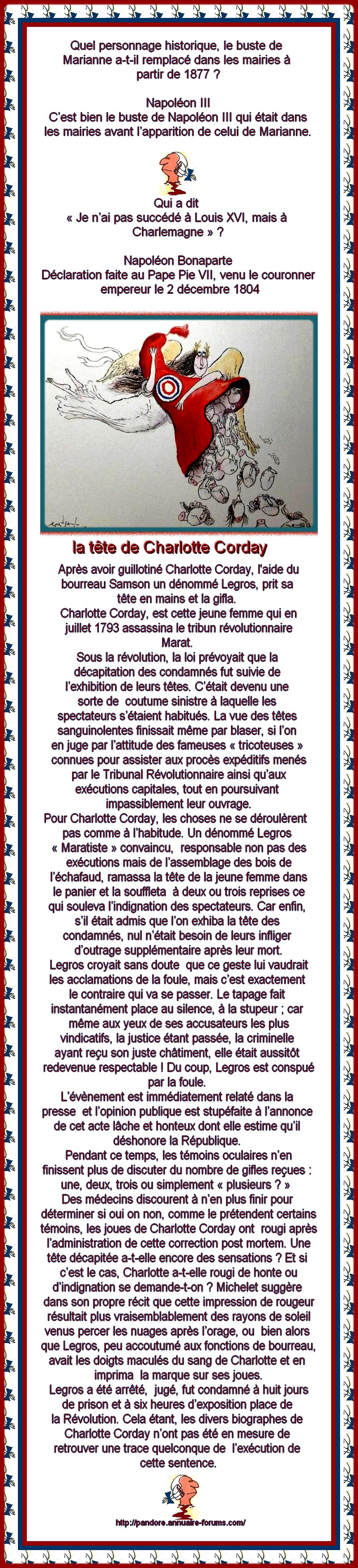 LA TETE DE CHARLOTTE CORDAY - BUSTE DE MARIANNE - NAPOLEON BONAPARTE COURONNEMENT  1112280955251403389229656