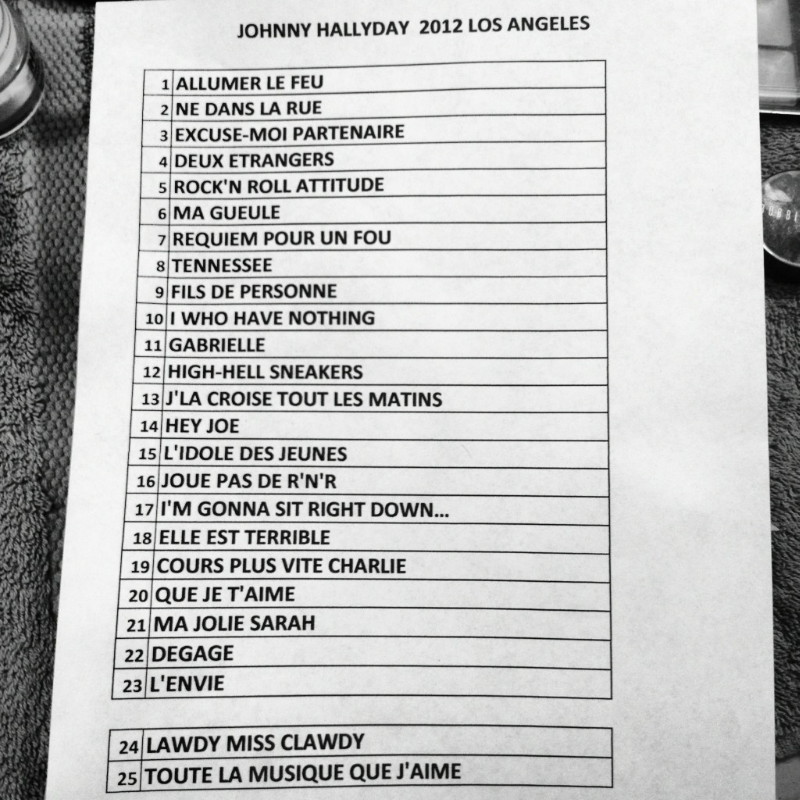 Set list "TOUR 2012" JOHNNY HALLYDAY 24/04/2012 Orpheum Theatre (Los Angeles) 1204250627171423619763677