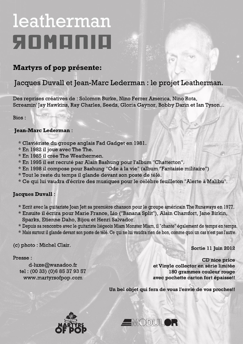 LEATHERMAN (JACQUES DUVALL & JEAN-MARC LEDERMAN) : l'album "ROMANIA" (2012, CD et 33 tours, sur le label MARTYRS OF POP). 1205170554461423619864557