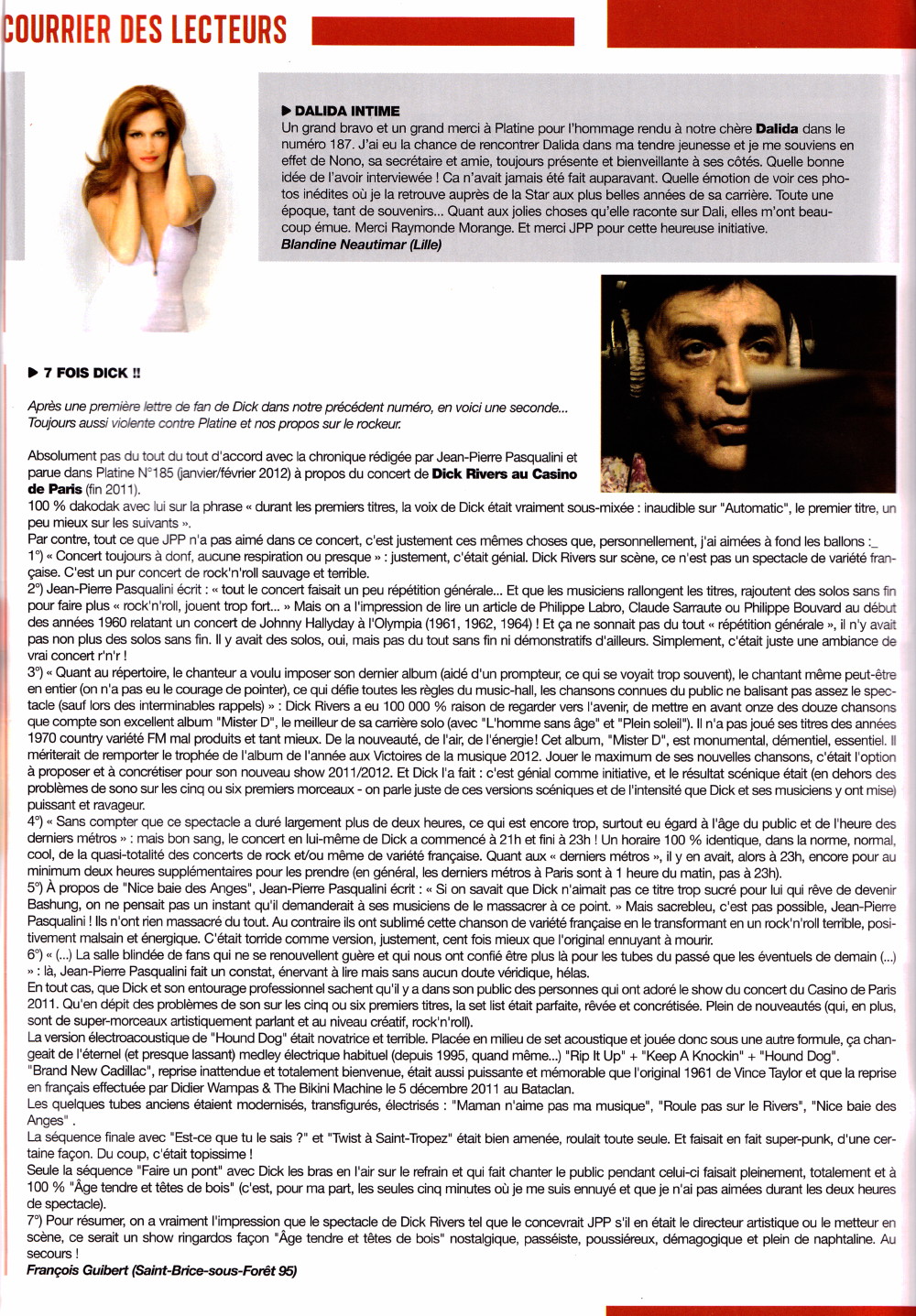 "Courrier des lecteurs" spécial DICK RIVERS dans "PLATINE" n°188 (juillet/août 2012) 12071207241314236110094859