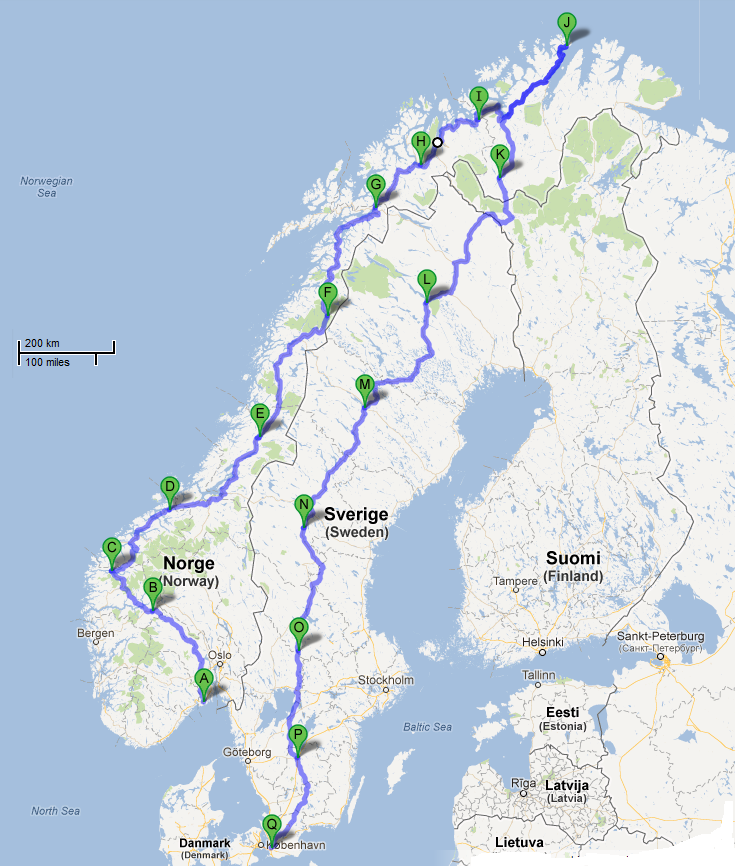 NVVSR 2013 - tour map - Larvik-Borgund-Strondheim-Nordkapp-Ostersund-Malm&Atilde;&para; - 5120 km 3175 M
