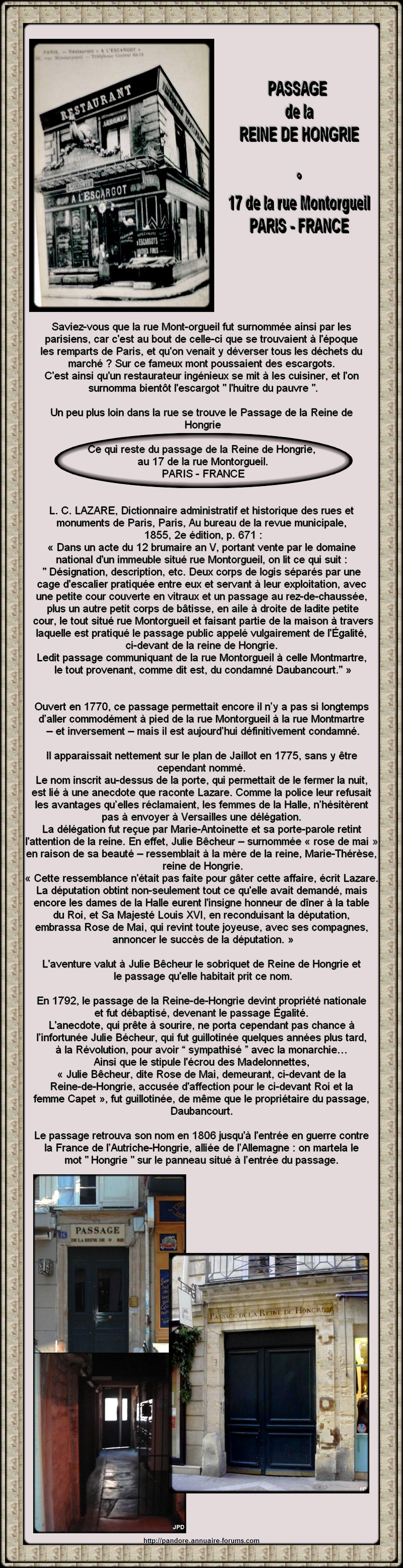FRANCE - PARIS - RUE MONTORGUEIL PASSAGE DE LA REINE DE HONGRIE  MARIE THERESE MERE DE MARIE ANTOINETTE 12101811373615355410450966